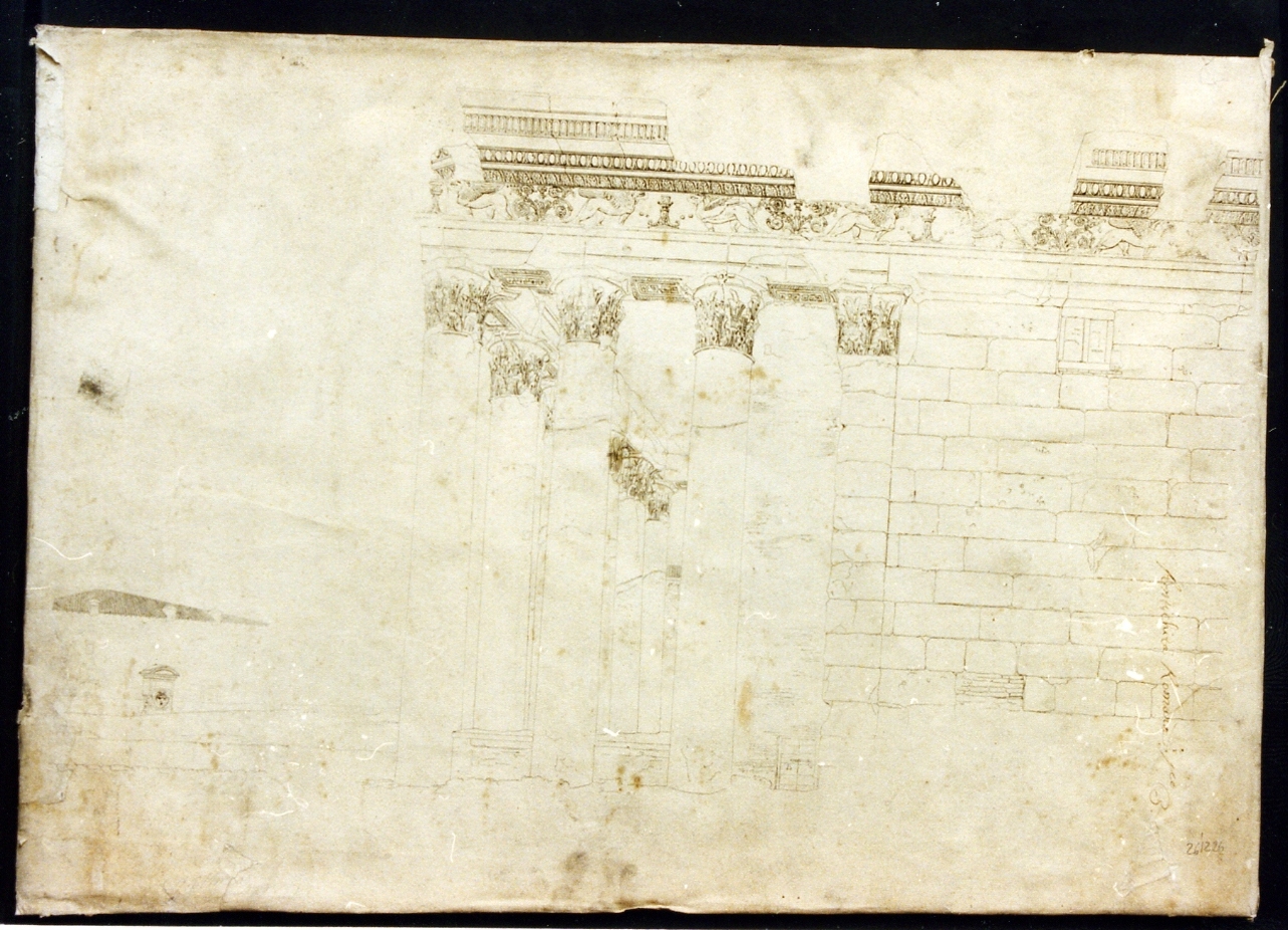 veduta laterale di parte di tempio romano (stampa) - ambito napoletano, ambito napoletano (prima metà sec. XIX)