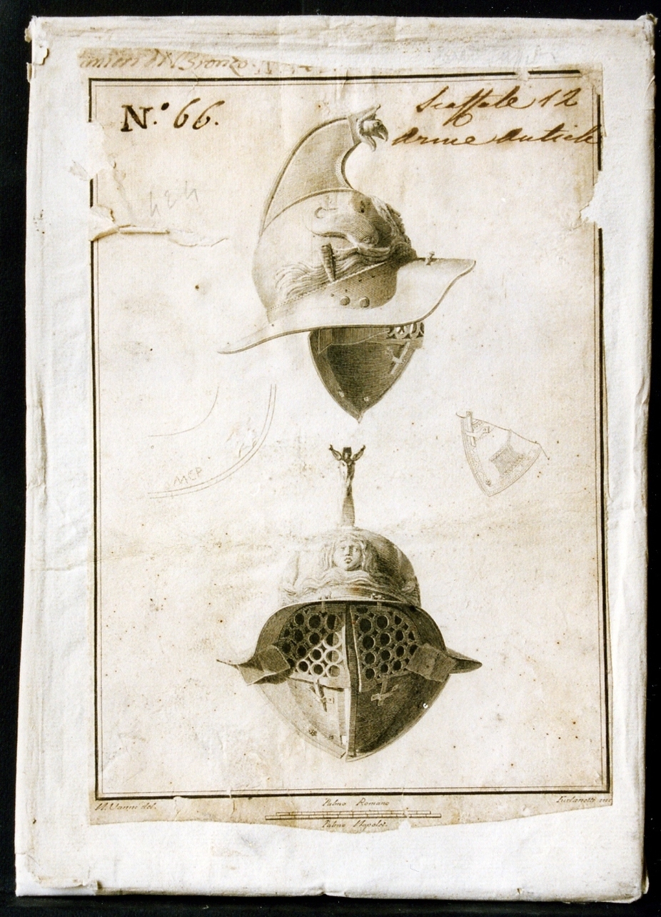 elmo: veduta frontale e laterale (stampa controfondata smarginata) di Vanni Nicola, Furlanetti Giuseppe (sec. XVIII)