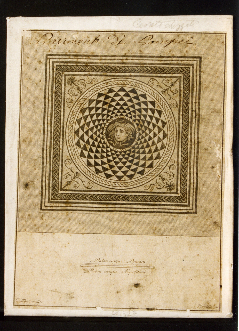 mosaico geometrico con gorgoneion al centro (stampa controfondata smarginata) di Fiorillo Nicola, Casanova Giovanni Battista (sec. XVIII)