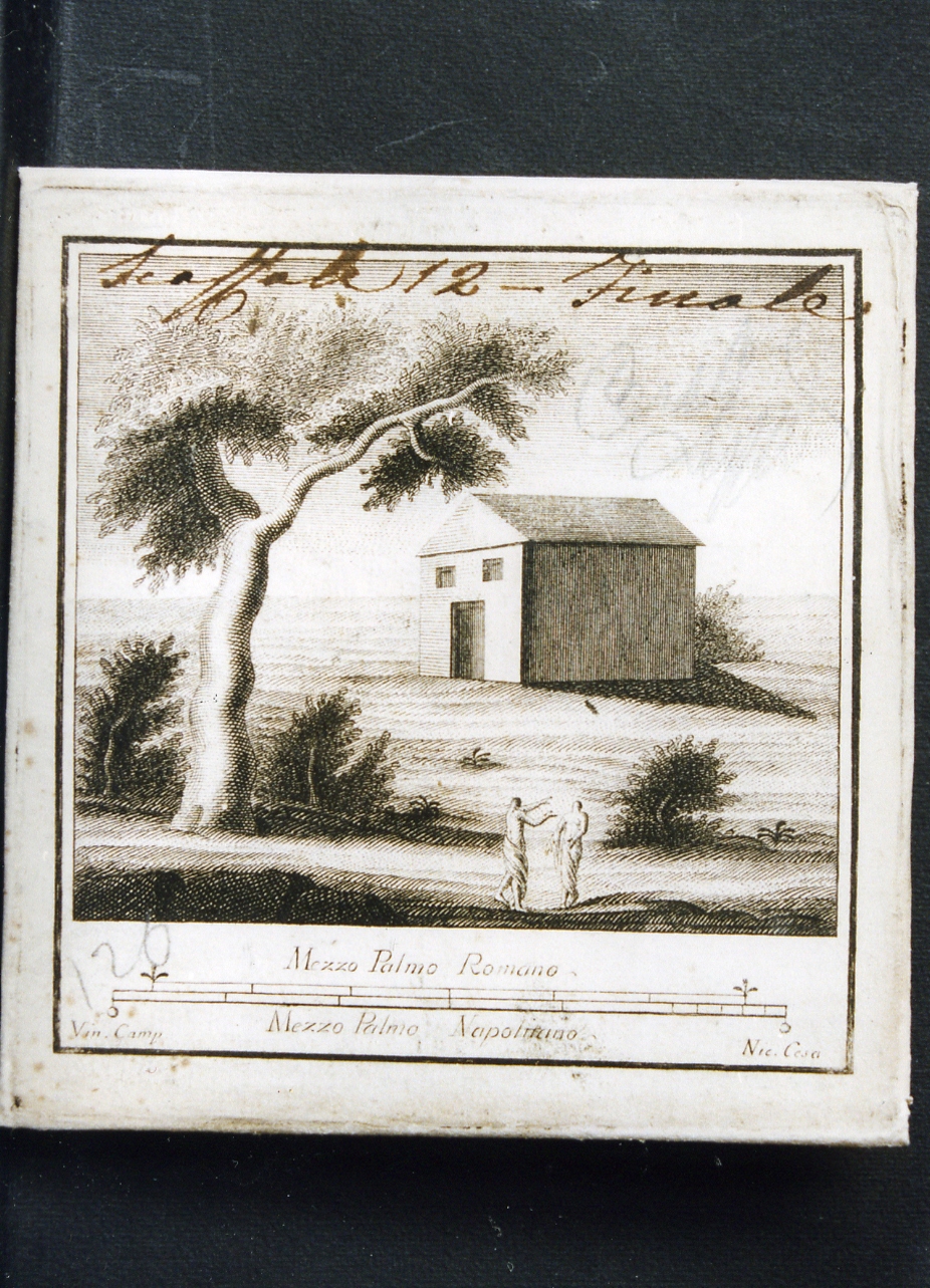 paesaggio con architetture e figure (stampa controfondata) di Campana Vincenzo, Cesarano Niccolò (seconda metà sec. XVIII)