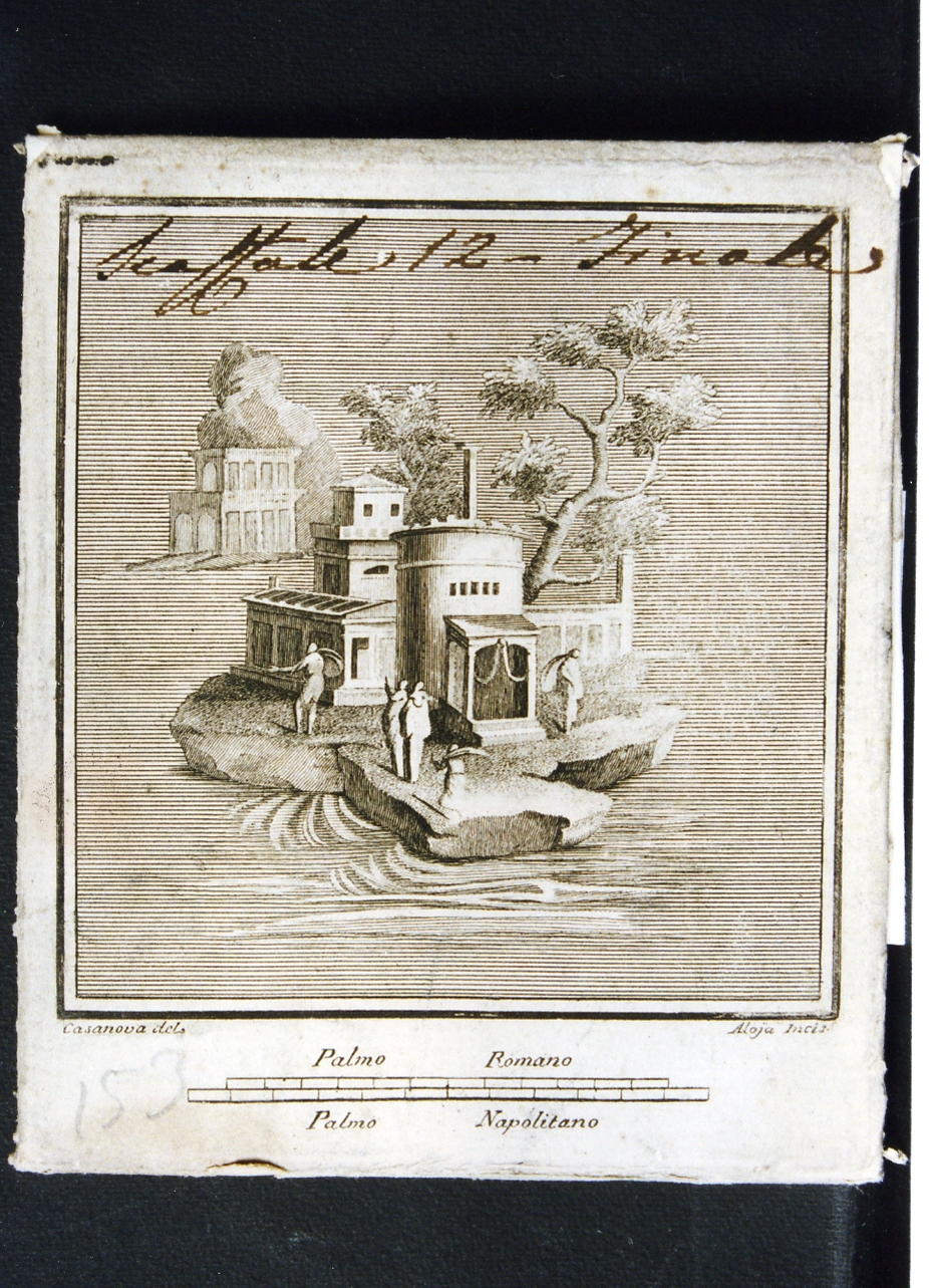 isola con architetture e figure (stampa controfondata) di Casanova Giovanni Battista, Aloja Raffaele (seconda metà sec. XVIII)