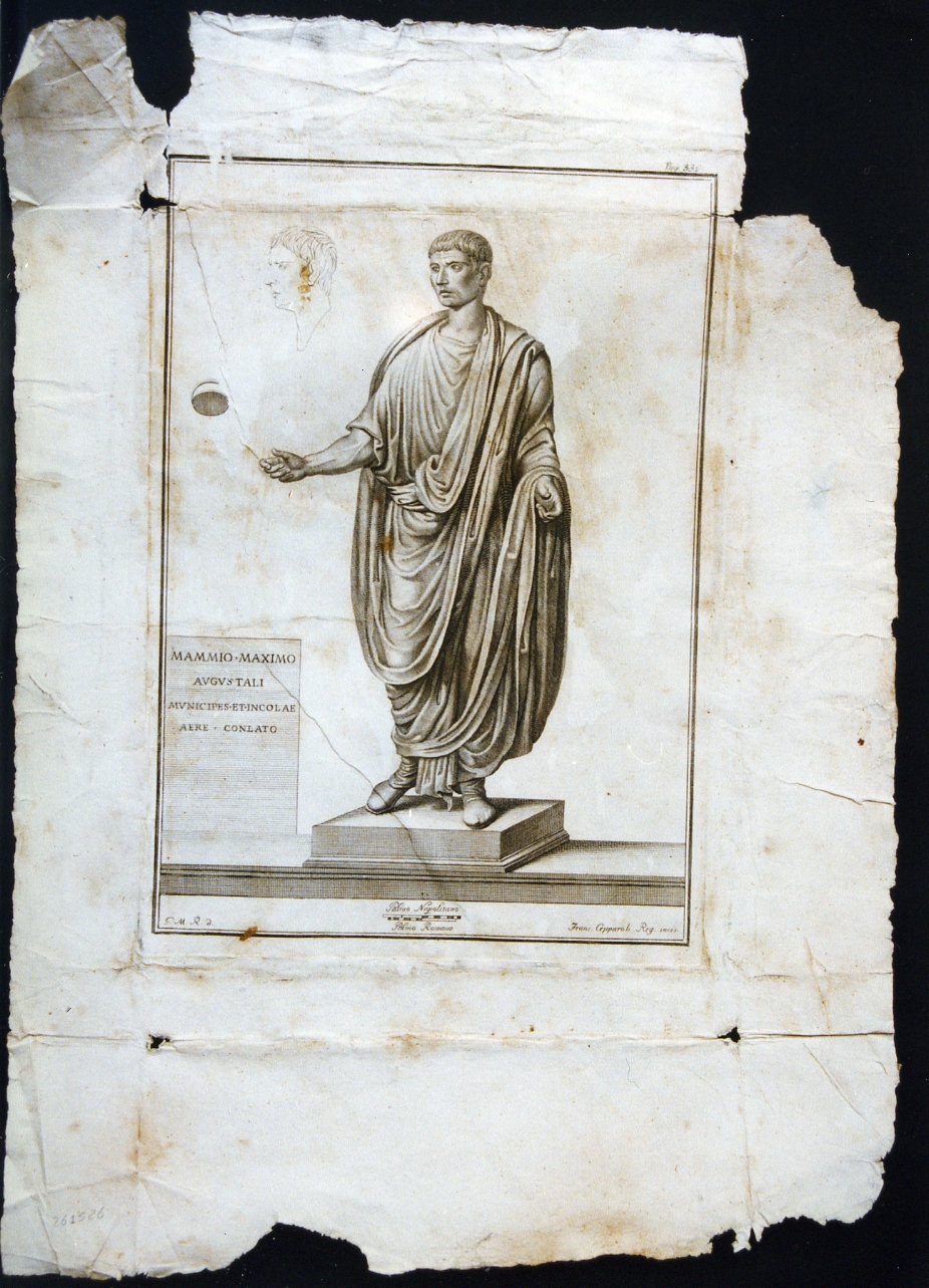 statua di Mammio Massimo, particolari ed iscrizione latina (stampa) di Morghen Giovanni Elia, Cepparoli Francesco (sec. XVIII)