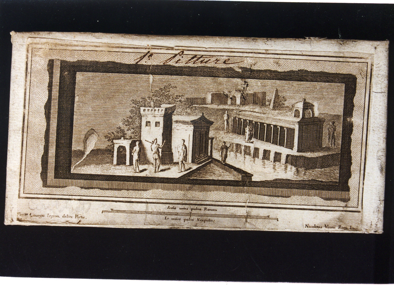 paesaggio marino con architetture e figure (stampa controfondata smarginata) di La Vega Francesco, Vanni Nicola (sec. XVIII)