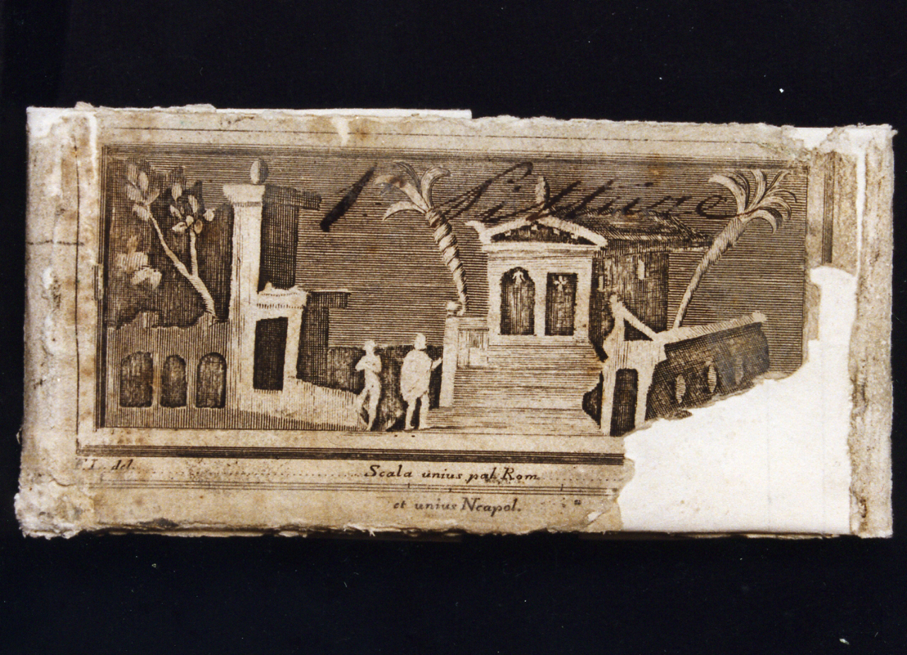 paesaggio con sacello e figure (stampa controfondata) di La Vega Francesco, Pozzi Rocco (sec. XVIII)