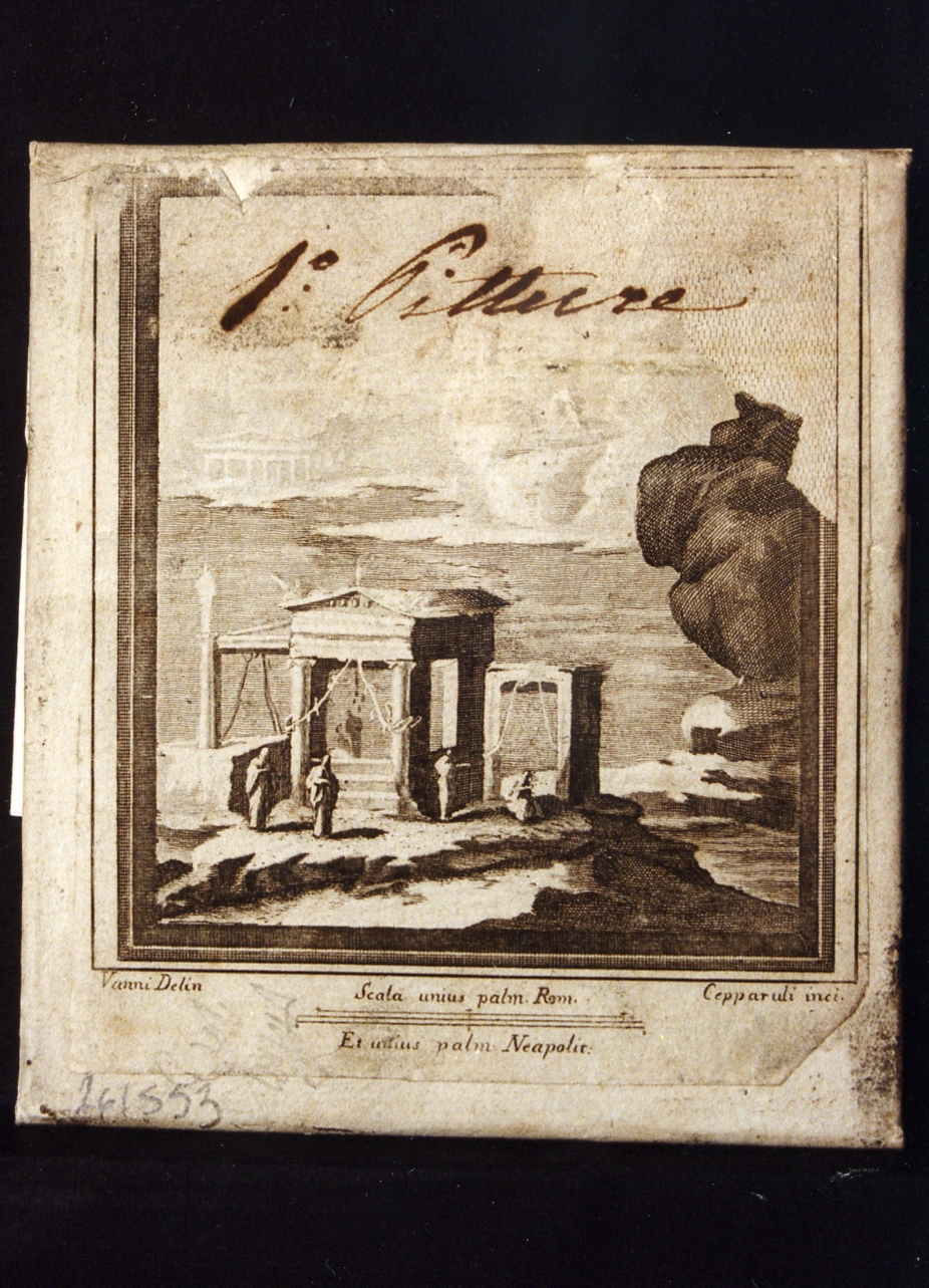 paesaggio marino con sacello e figure (stampa controfondata smarginata) di Vanni Nicola, Cepparoli Francesco (sec. XVIII)
