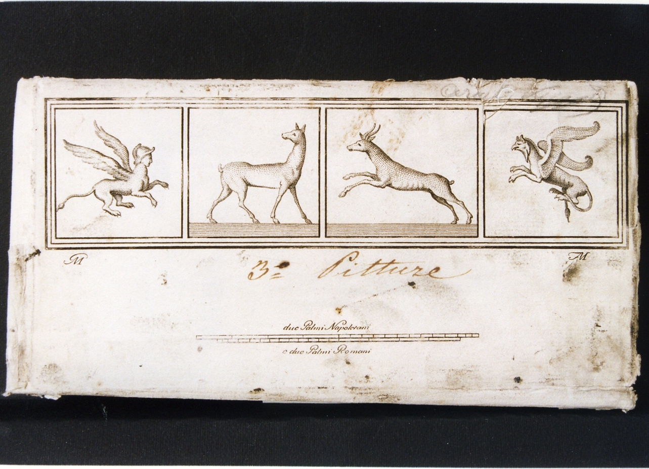 quattro pannelli con motivi decorativi con animali reali e animalifantastici (stampa controfondata) di Morghen Filippo, Morghen Giovanni Elia (sec. XVIII)