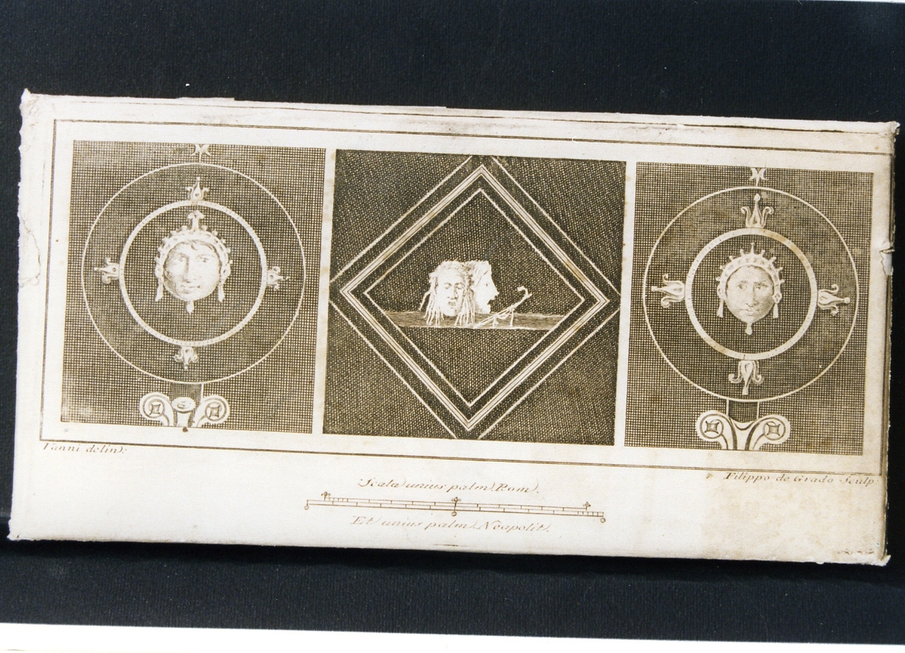 motivi decorativi: mascherette dionisiache entro medaglioni e riquadro (stampa controfondata) di De Grado Filippo, Vanni Nicola (sec. XVIII)