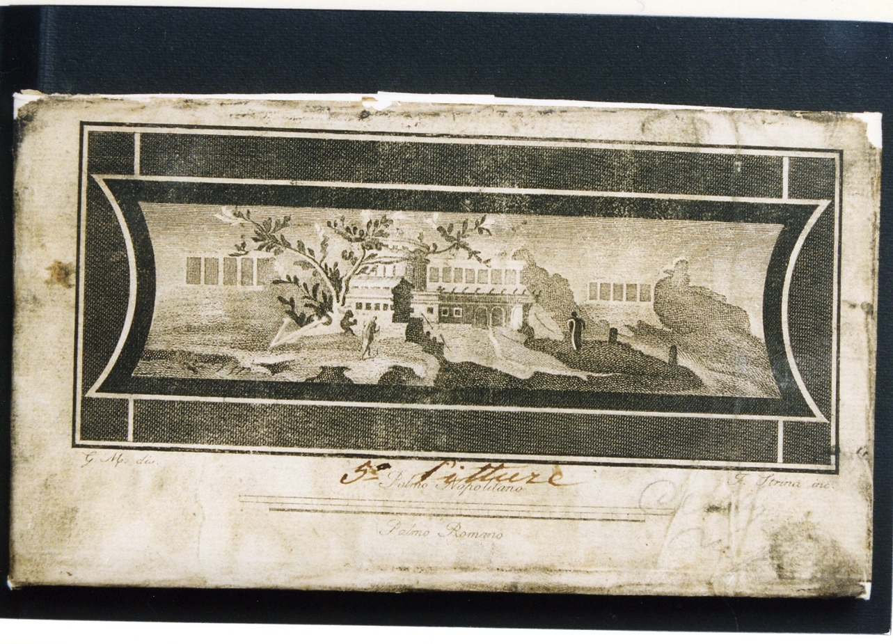 paesaggio con architetture e figure (stampa controfondata) di Strina Ferdinando, Morghen Giovanni Elia (sec. XVIII)