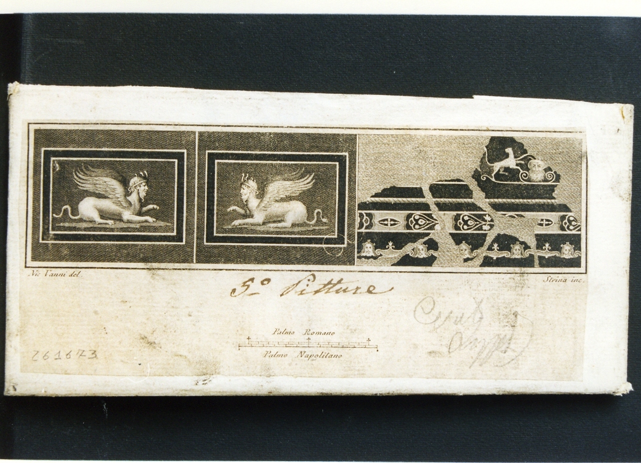 pannello con motivi decorativi: sfingi e motivi diversi (stampa controfondata smarginata) di Strina Ferdinando, Vanni Nicola (sec. XVIII)
