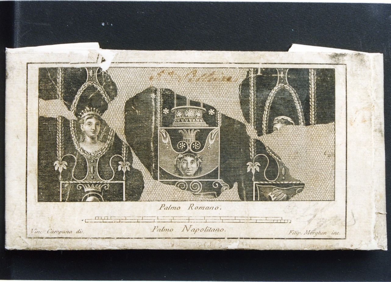 pannello con teste e motivi decorativi (stampa controfondata) di Campana Vincenzo, Morghen Filippo (sec. XVIII)