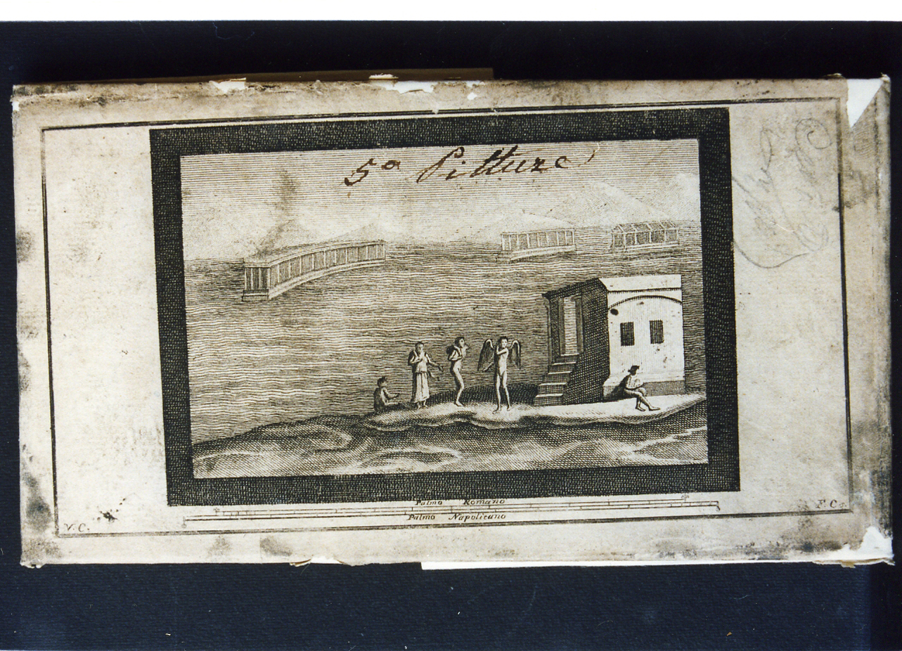 paesaggio con architetture e figure (stampa controfondata) di Campana Vincenzo (sec. XVIII)
