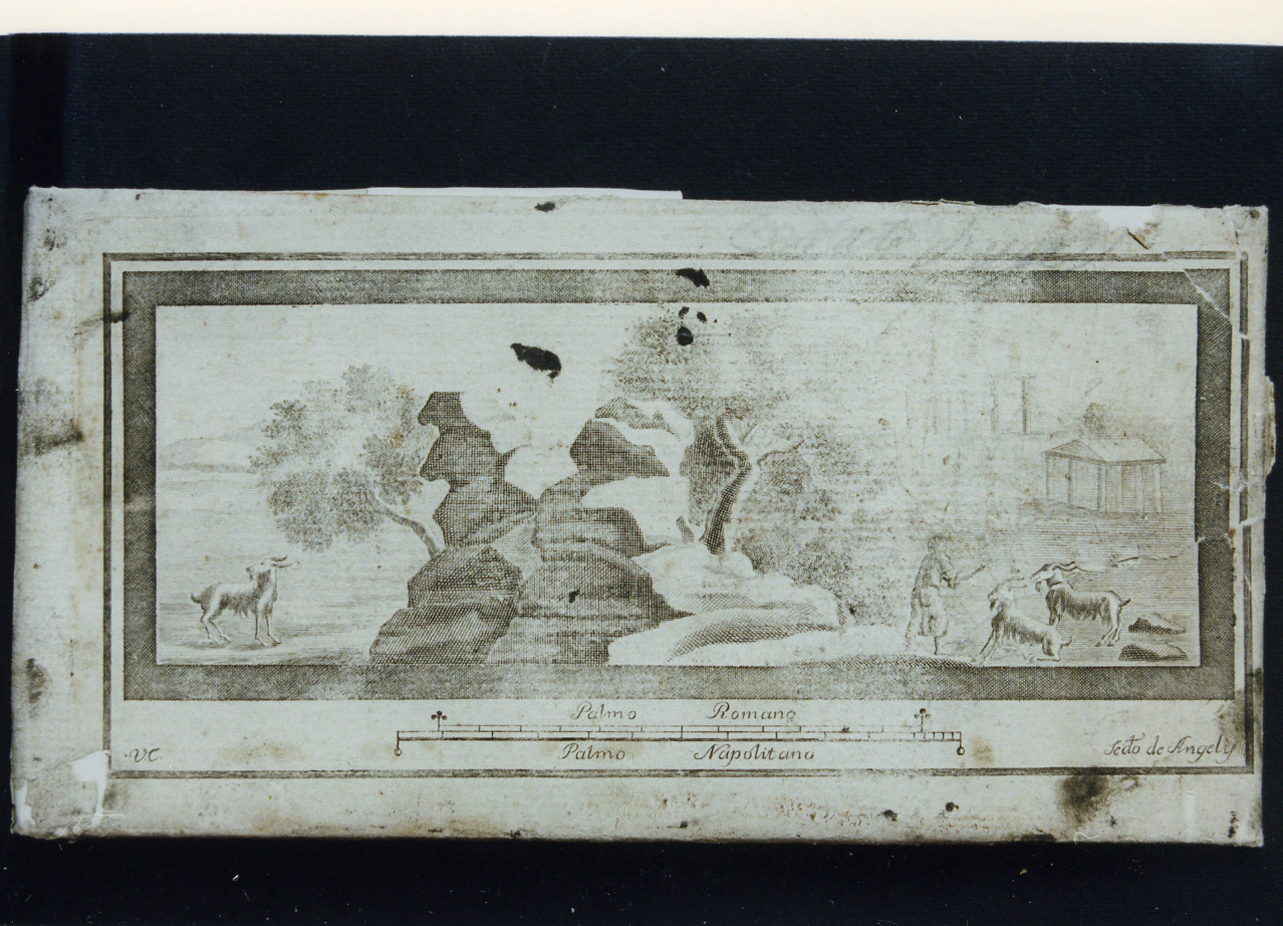 paesaggio con architetture e figure (stampa controfondata) di De Angelis Secondo, Campana Vincenzo (sec. XVIII)