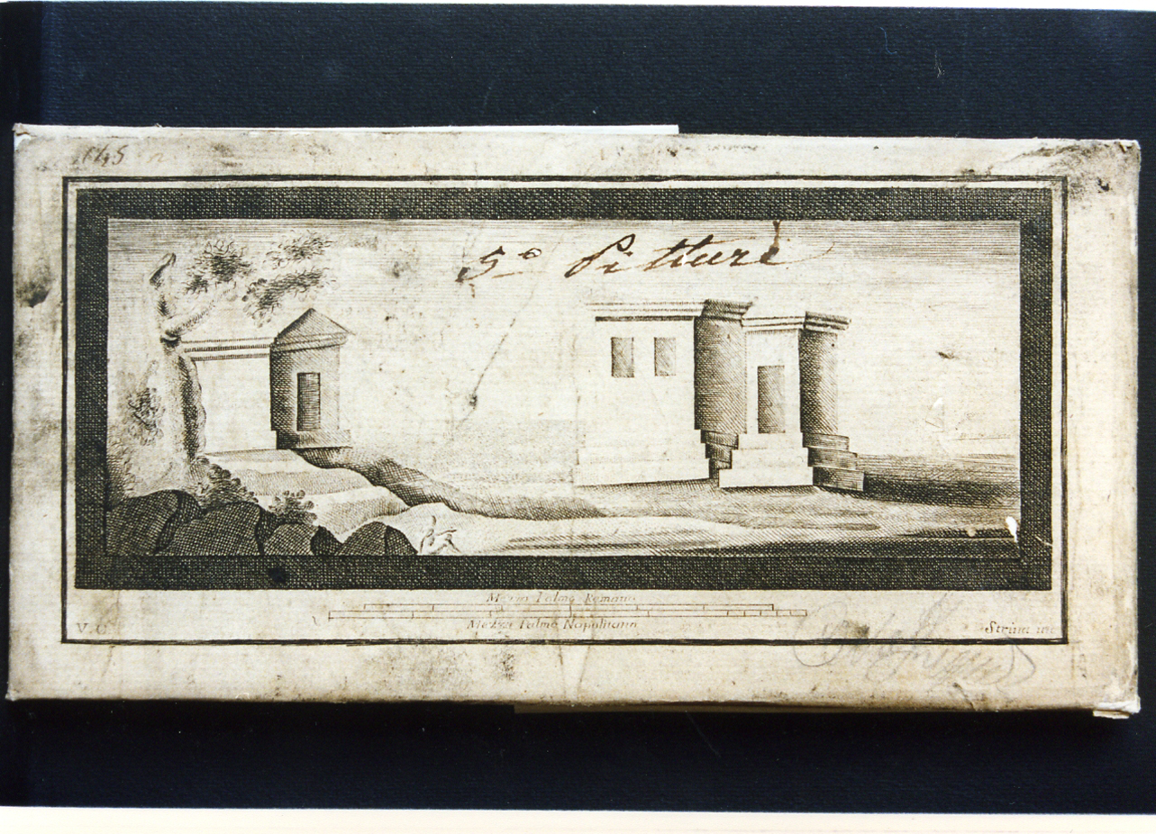 paesaggio con architetture e figure (stampa controfondata) di Strina Ferdinando, Campana Vincenzo (sec. XVIII)