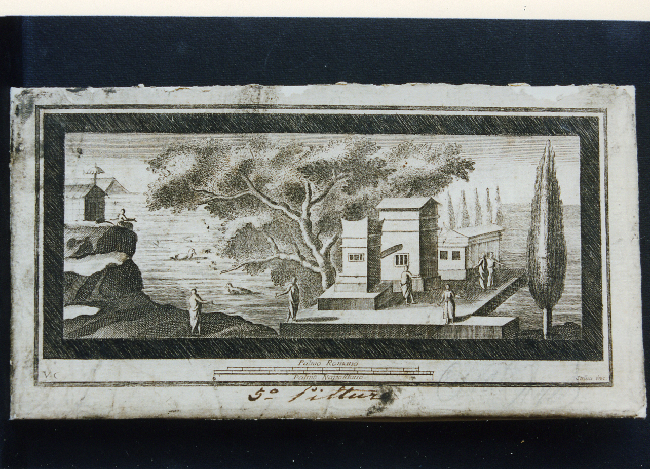 paesaggio marino con architetture e figure (stampa controfondata) di Strina Ferdinando, Campana Vincenzo (sec. XVIII)