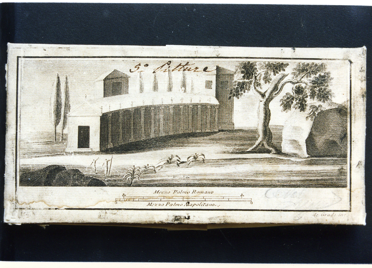 paesaggio con architettura (stampa controfondata) di De Grado Filippo, Campana Vincenzo (sec. XVIII)