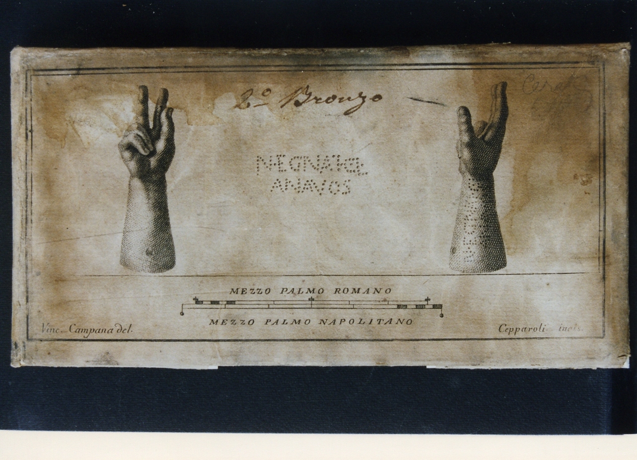 mani votive in bronzo con iscrizione (stampa controfondata) di Cepparoli Francesco, Campana Vincenzo (sec. XVIII)