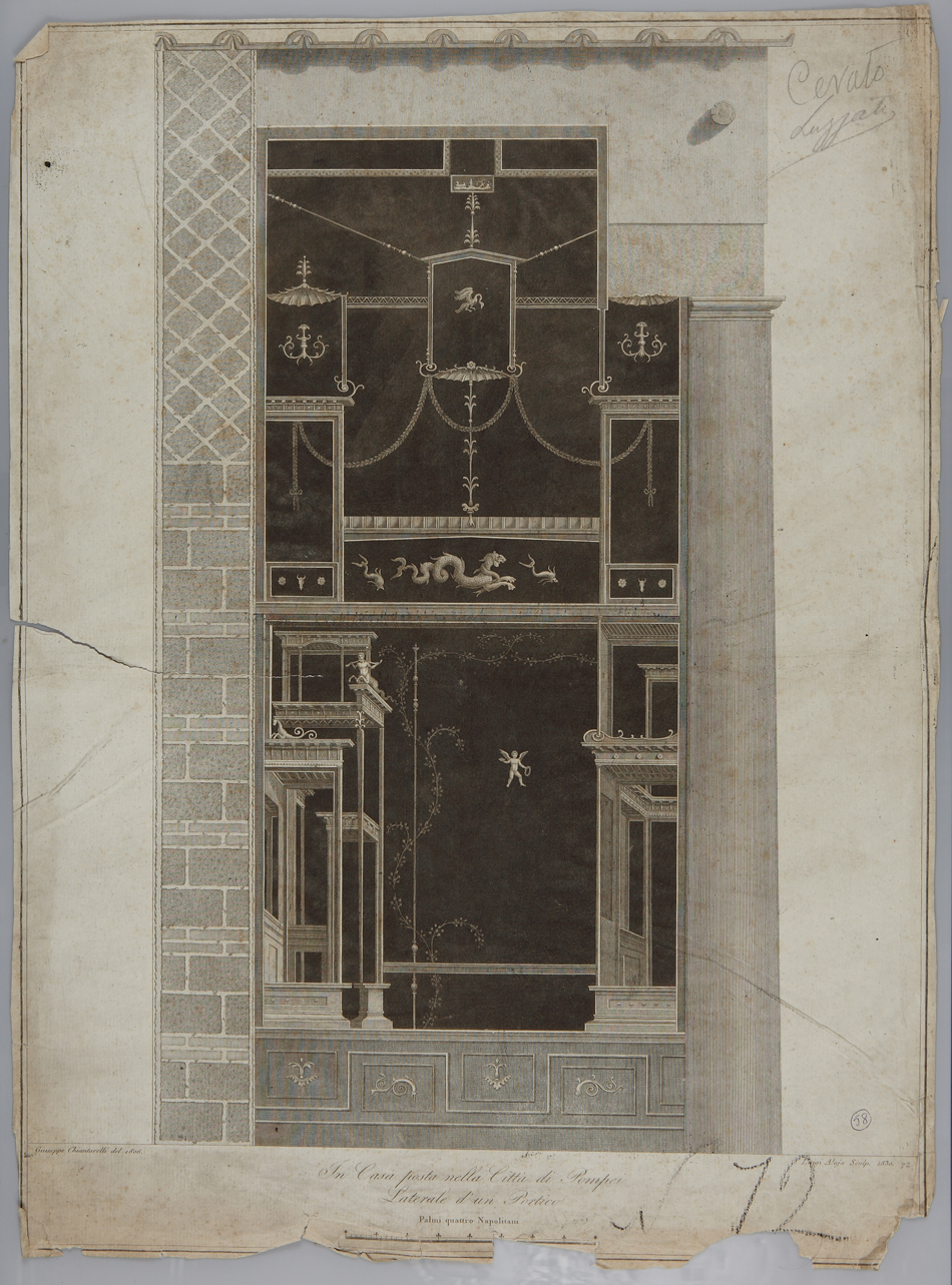 parete affrescata di una casa di pompei (incisione) di Chiantarelli Giuseppe, Aloja Luigi (secondo quarto sec. XIX)