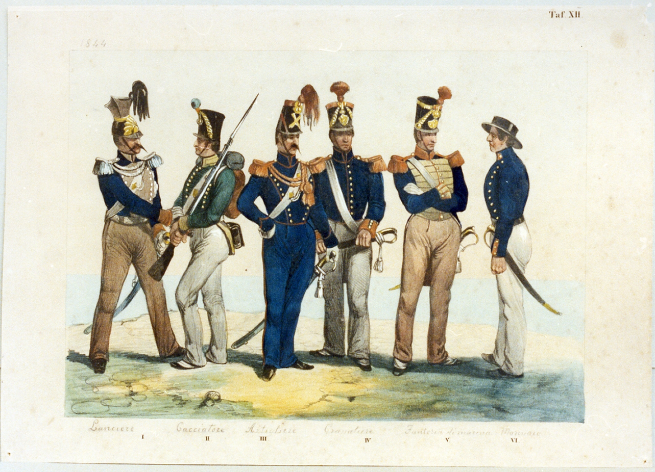 militari dell'esercito borbonico (stampa a colori) - ambito napoletano (sec. XIX)