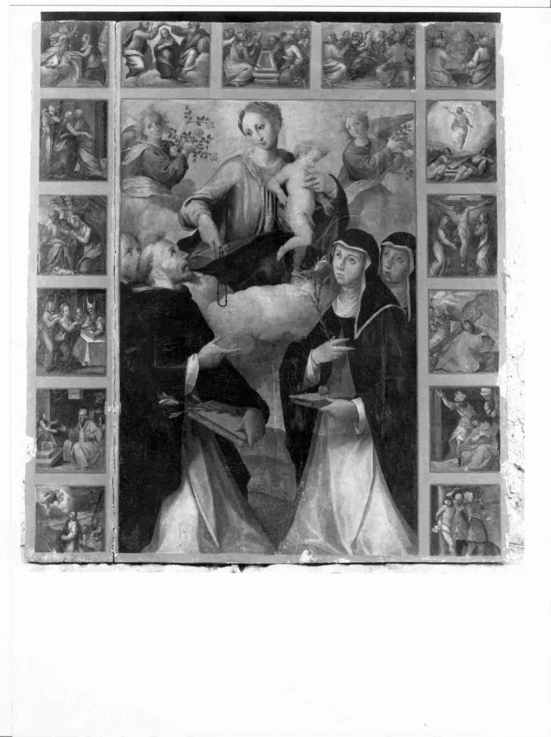 Madonna del Rosario con Santi domenicani e misteri del rosario (dipinto) di Imperato G (fine sec. XVI)