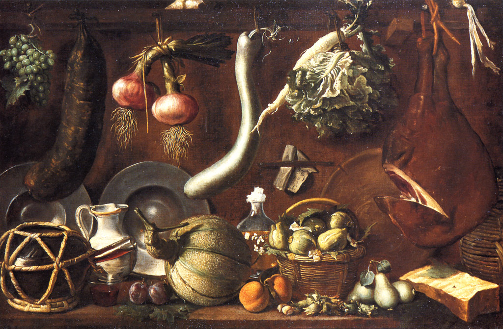 cucina con frutta, verdura e un prosciutto (dipinto) di Chimenti Jacopo detto Empoli (sec. XVII)