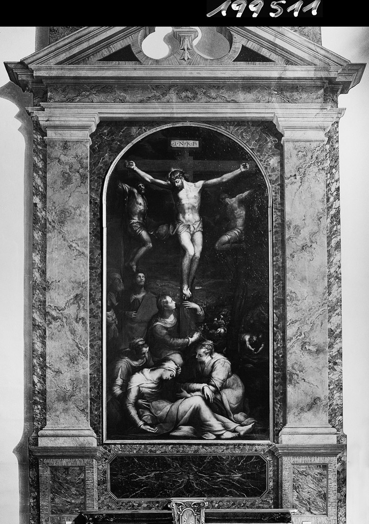 Cristo crocifisso con le Marie e san Giovanni Evangelista (dipinto) di Fontana Lavinia (attribuito) (ultimo quarto sec. XVI)