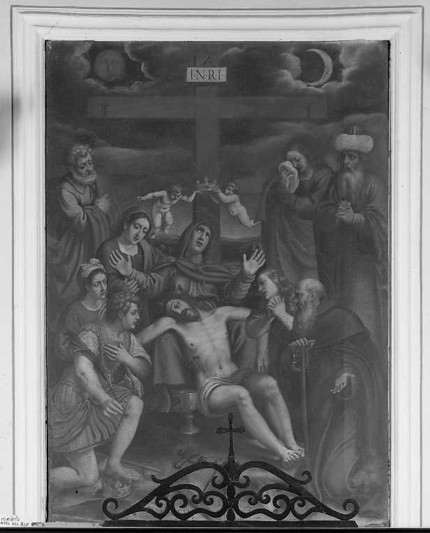 deposizione di Cristo dalla croce con santi (dipinto) - ambito emiliano-romagnolo (sec. XVII)