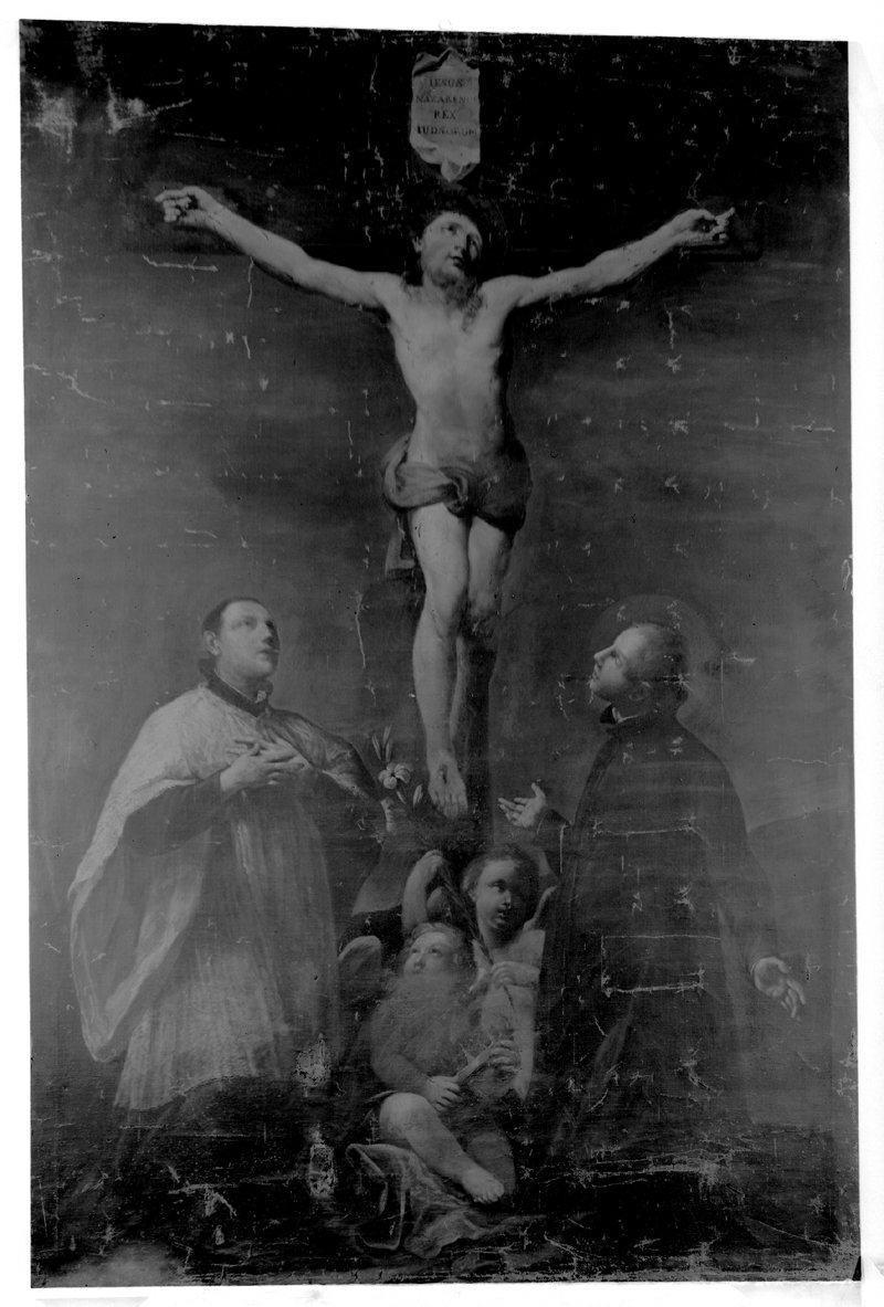 Cristo Crocifisso con San Luigi Gonzaga e San Stanislao Kostka (dipinto) di Rambaldi Giacomo (attribuito) (sec. XVIII)