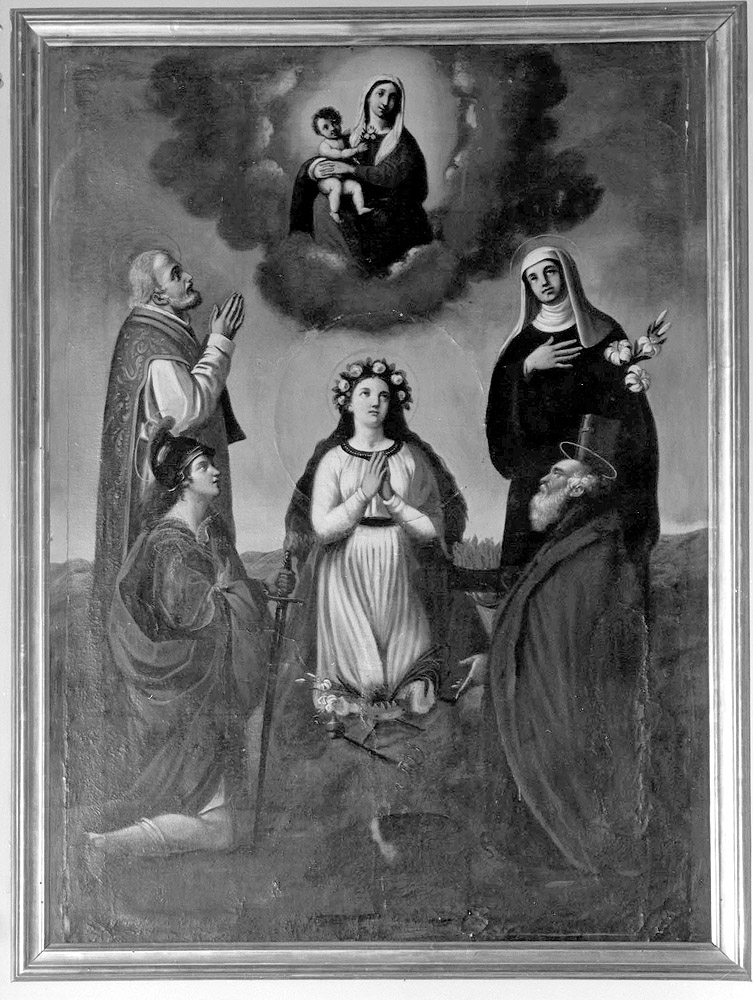 La Madonna con Gesù Bambino appaiono a Sant'Antonio Abate, San Prospero, San Pancrazio, Santa Rita e Sant'Elisabetta d'Ungheria (dipinto) - ambito emiliano (fine sec. XVII)
