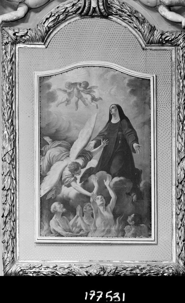 Santa Caterina in adorazione del Santissimo Sacramento e angelo che intercede presso le anime purganti (dipinto) di Franceschini Marcantonio (sec. XVIII)