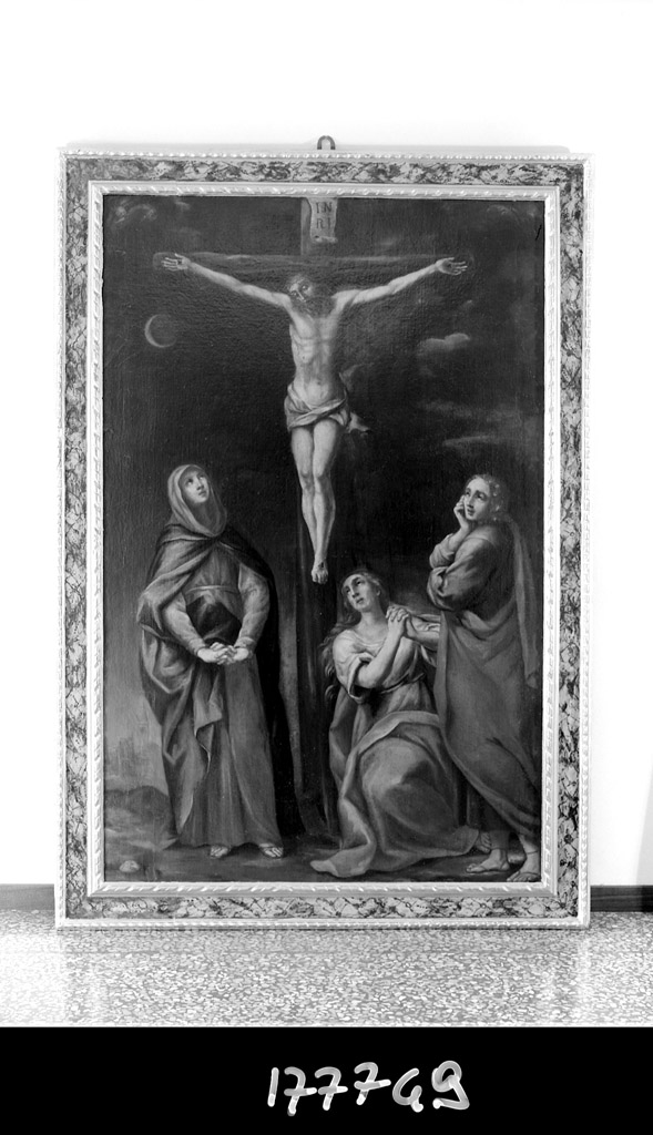 Crocifissione di Cristo con la Madonna, Santa Maria Maddalena e San Giovanni evangelista (dipinto) - ambito bolognese (metà sec. XVII)