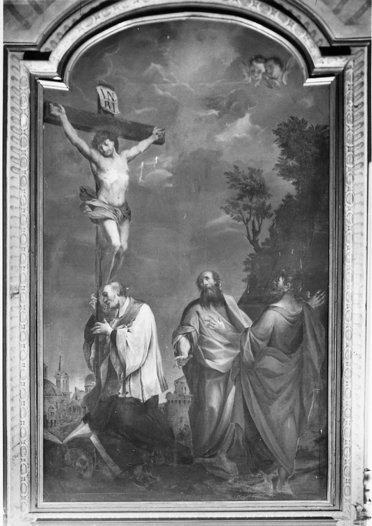 Cristo Crocifisso con San Leo, San Filippo, San Giacomo (dipinto) di Porroni Ciro Maria Paris detto Mutolo bolognese (sec. XVIII)