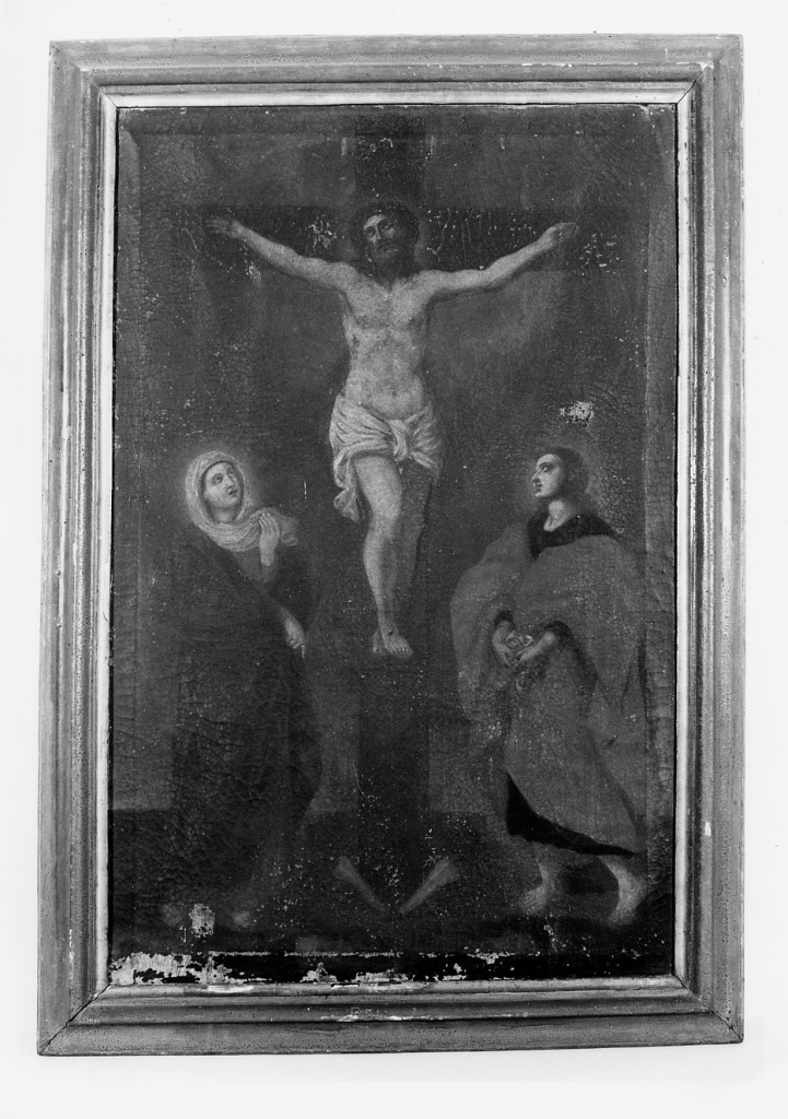 crocifissione di Cristo con la Madonna e San Giovanni Evangelista (dipinto) - ambito emiliano (sec. XVIII)