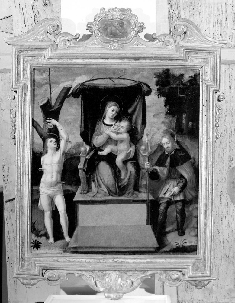 Madonna in trono che allatta il Bambino tra San Sebastiano e San Rocco (dipinto) di Ramenghi Bartolomeo detto Bagnacavallo (attribuito) (prima metà sec. XVI)