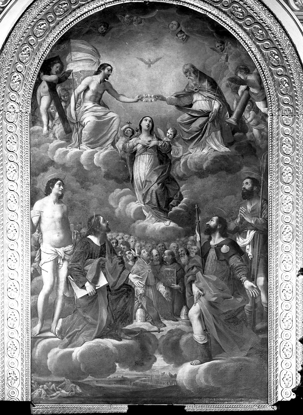 Incoronazione della Madonna tra San Sebastiano, San Giacomo e San Rocco (dipinto) di Gessi Francesco (sec. XVII)
