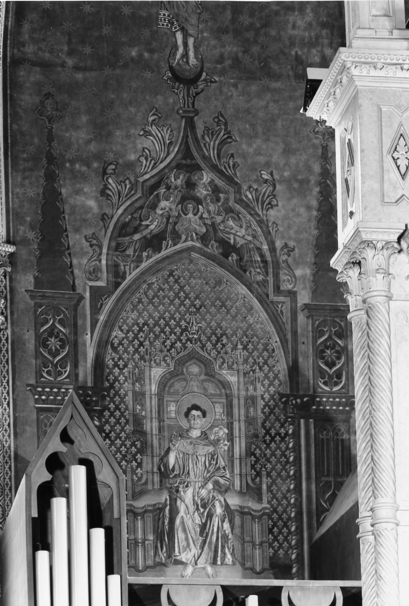Gloria di Sant'Antonio da Padova; busti di santi francescani; motivi vegetali stilizzati; angeli; stelle; ritratto di G. Gemmi (dipinto) di Gemmi Giacomo (attribuito) (sec. XX)