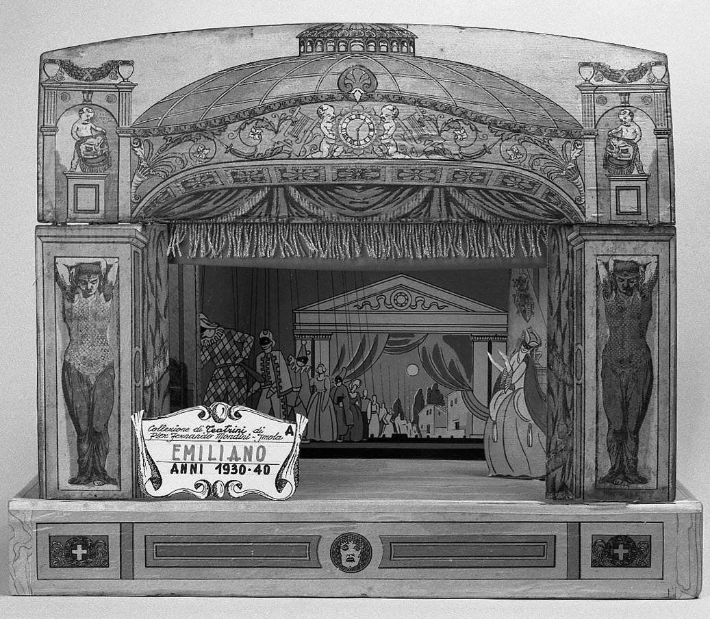 Scena con teatrino e marionette (teatrino) - bottega emiliana (sec. XX)