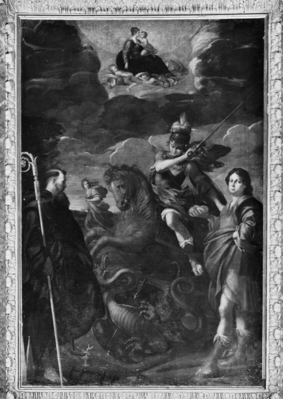 San Giorgio e il drago con Madonna in gloria, San Leonardo e un santo (dipinto) di Randa Antonio (primo quarto sec. XVII)