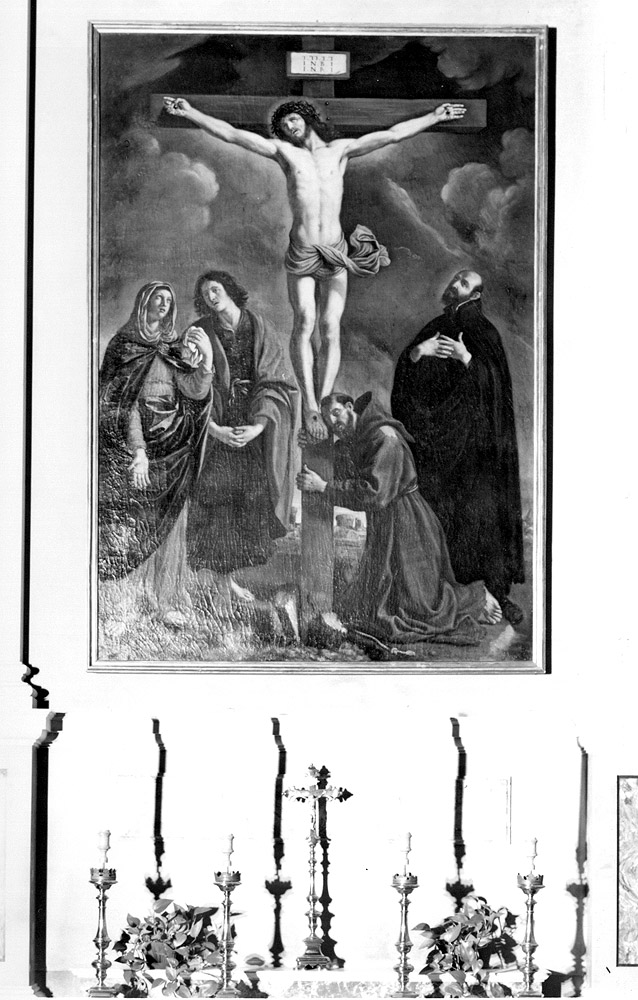 Crocifissione di Cristo con la Madonna, San Giovanni Evangelista, San Francesco e Sant'Ignazio (dipinto) di Gennari Bartolomeo (sec. XVII)