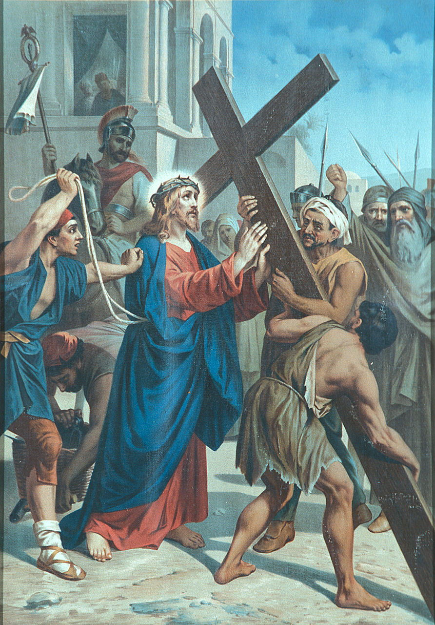 Gesù Cristo caricato della croce (Via Crucis II) (oleografia, elemento d'insieme) - produzione italiana (sec. XX)
