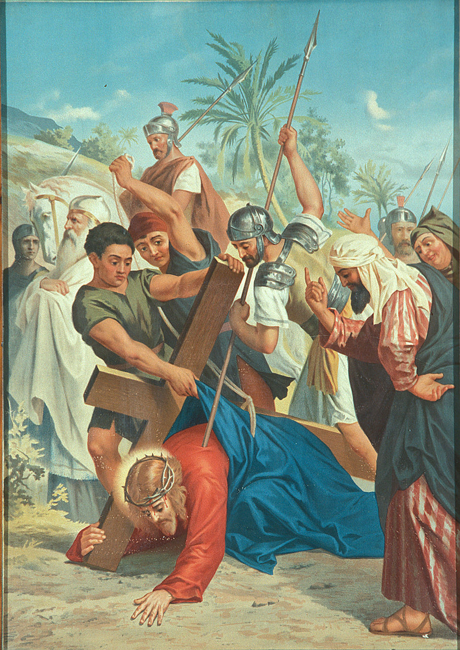 Gesù Cristo cade la prima volta (Via Crucis III) (oleografia, elemento d'insieme) - produzione italiana (sec. XX)