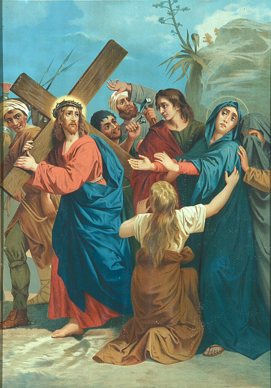 Gesù Cristo incontra la Madonna e le pie donne (Via Crucis IV) (oleografia, elemento d'insieme) - produzione italiana (sec. XX)