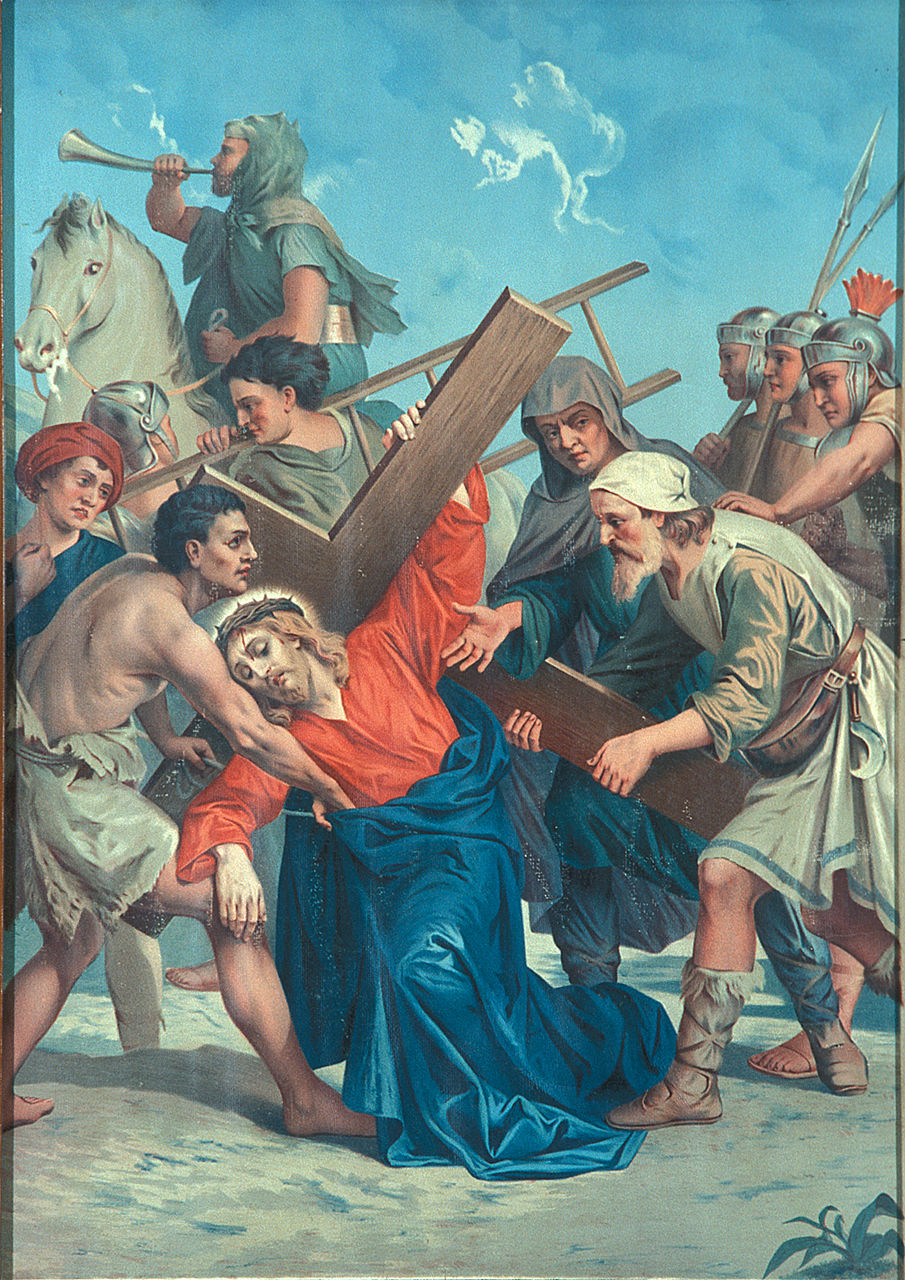 Gesù Cristo aiutato dal cireneo a portare la croce (Via Crucis V) (oleografia, elemento d'insieme) - produzione italiana (sec. XX)