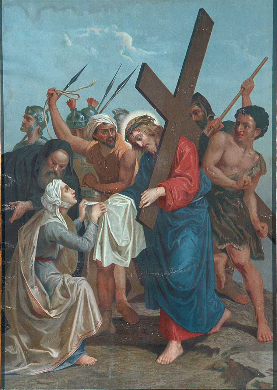 Gesù Cristo asciugato dalla Veronica (Via Crucis VI) (oleografia, elemento d'insieme) - produzione italiana (sec. XX)