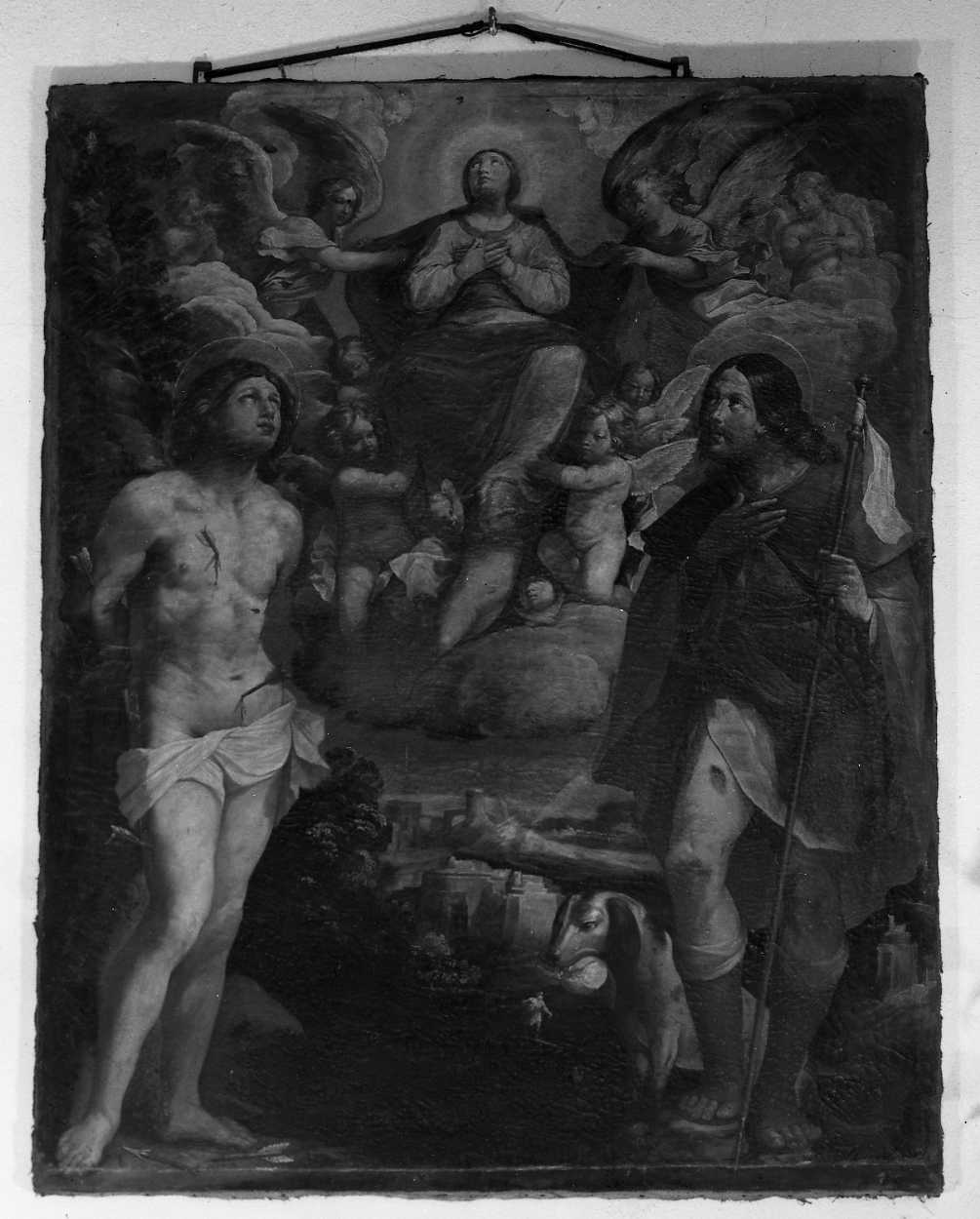 Madonna Assunta e angeli tra San Sebastiano e San Rocco (dipinto) - ambito emiliano (sec. XVII)