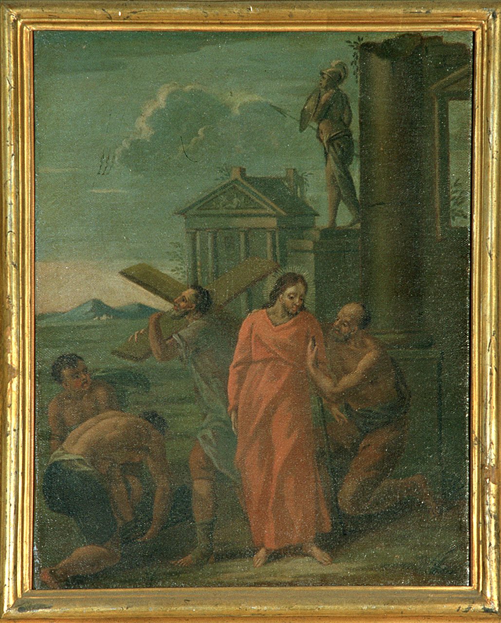 stazione V: Gesù aiutato da Simone il Cireneo a portare la croce (dipinto, elemento d'insieme) - ambito ferrarese (sec. XVIII)