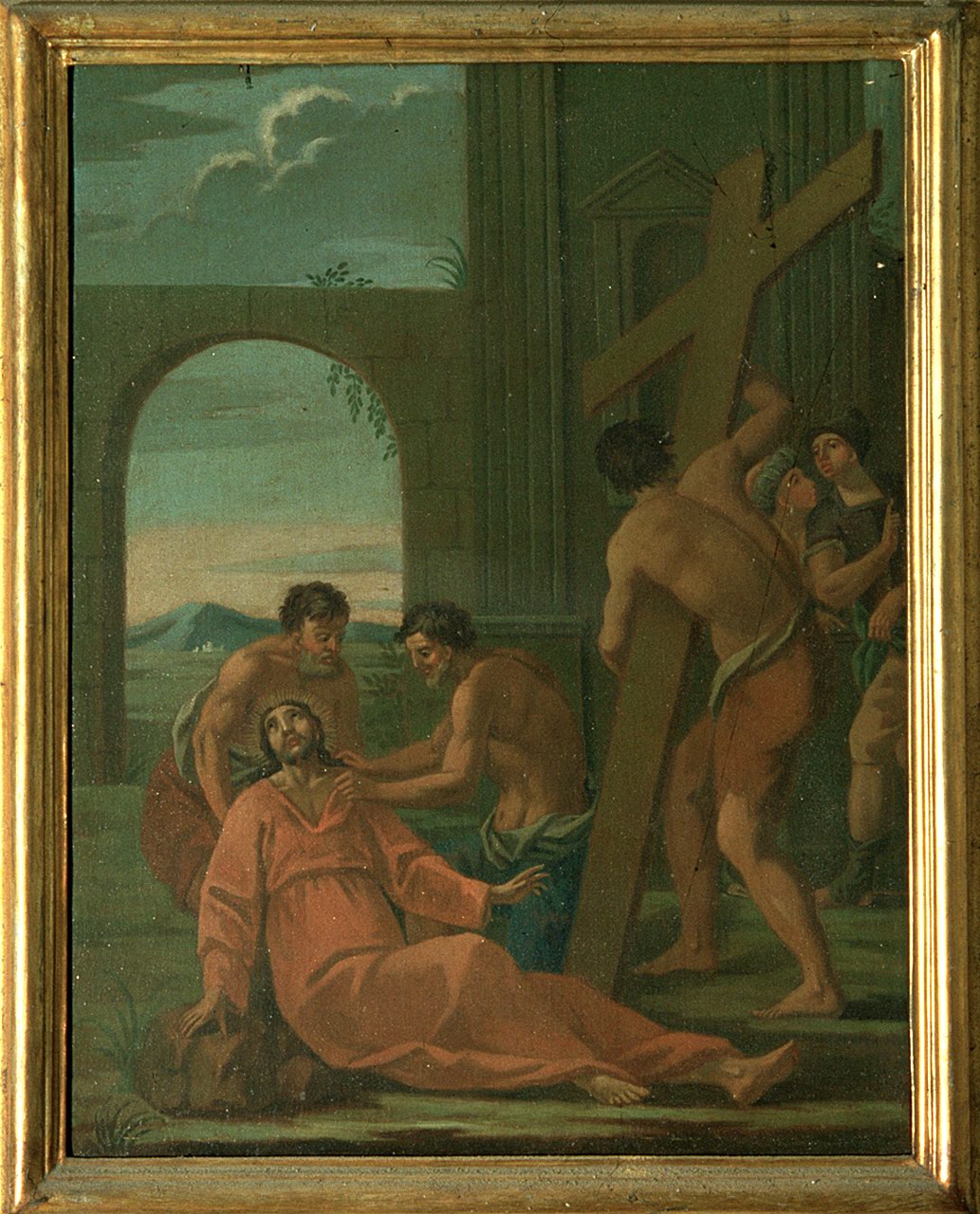 stazione VII: Gesù cade sotto la croce la seconda volta (dipinto, elemento d'insieme) - ambito ferrarese (sec. XVIII)