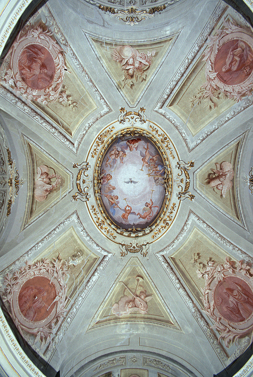 Madonna in gloria con San Nicola e San Domenico (dipinto, opera isolata) - ambito ferrarese (secc. XVIII/ XIX)