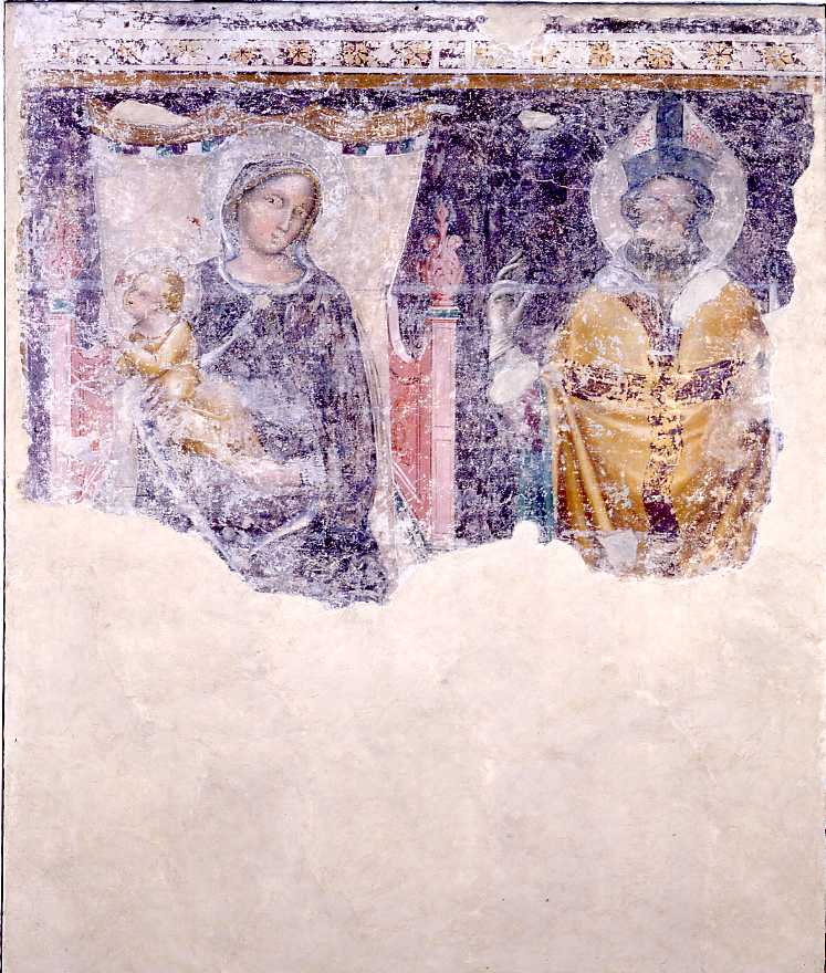 Madonna con Bambino in trono e Santo Vescovo (dipinto) di Vitale da Bologna (scuola) (sec. XIV)