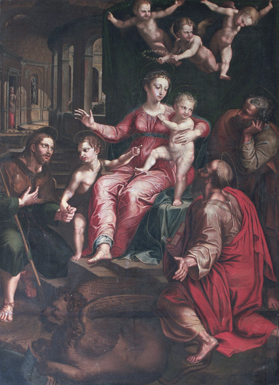 Madonna con Gesù Bambino tra San Giuseppe, San Rocco, San Giovannino e SanMarco (dipinto, elemento d'insieme) - ambito veneto (inizio sec. XVII)