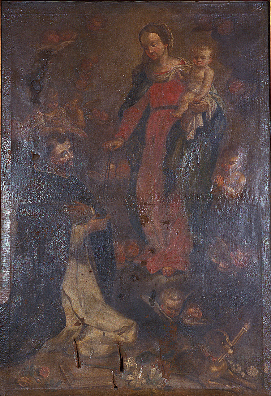 Madonna con Gesù Bambino che consegna il rosario a San Domenico (dipinto, elemento d'insieme) - ambito ferrarese (metà sec. XVIII)